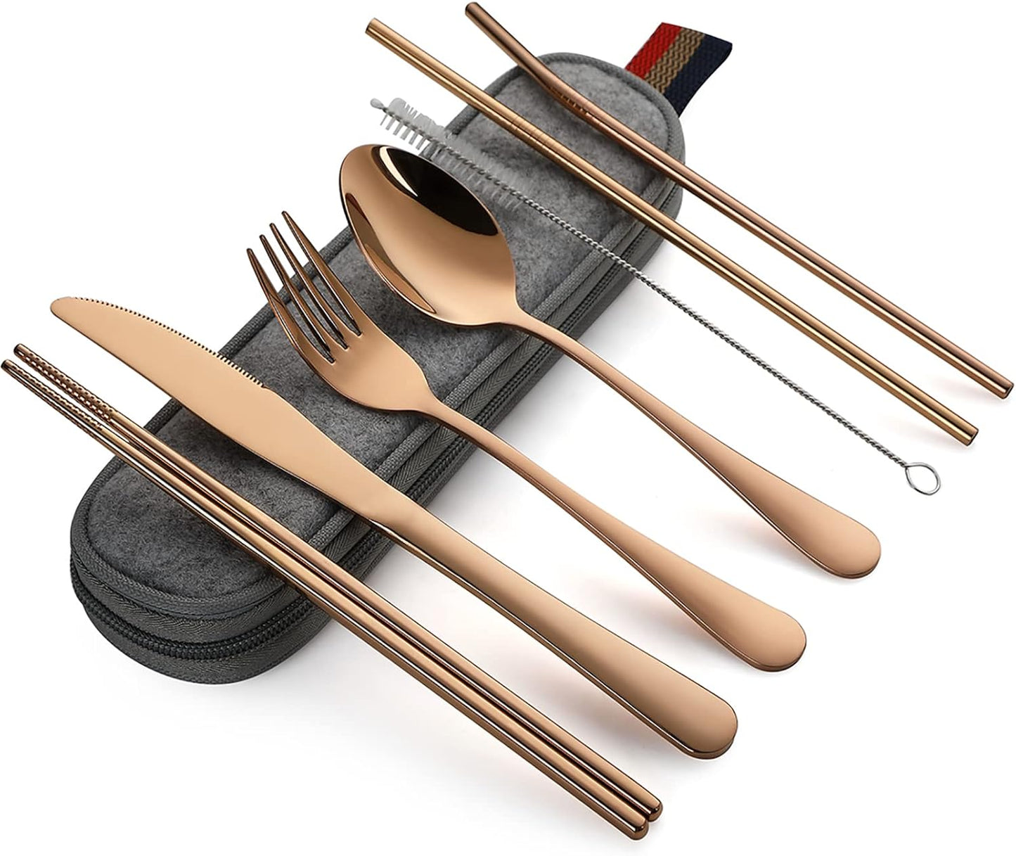 DEVICO Camping Utensils, 8-Piece Full-Size Reusable Silverware for Lunch Adult, Stainless Steel Portable Fork Spoon Knife Set for Work, Travel Cutlery Set with Case and Chopsticks Straws (Rainbow)