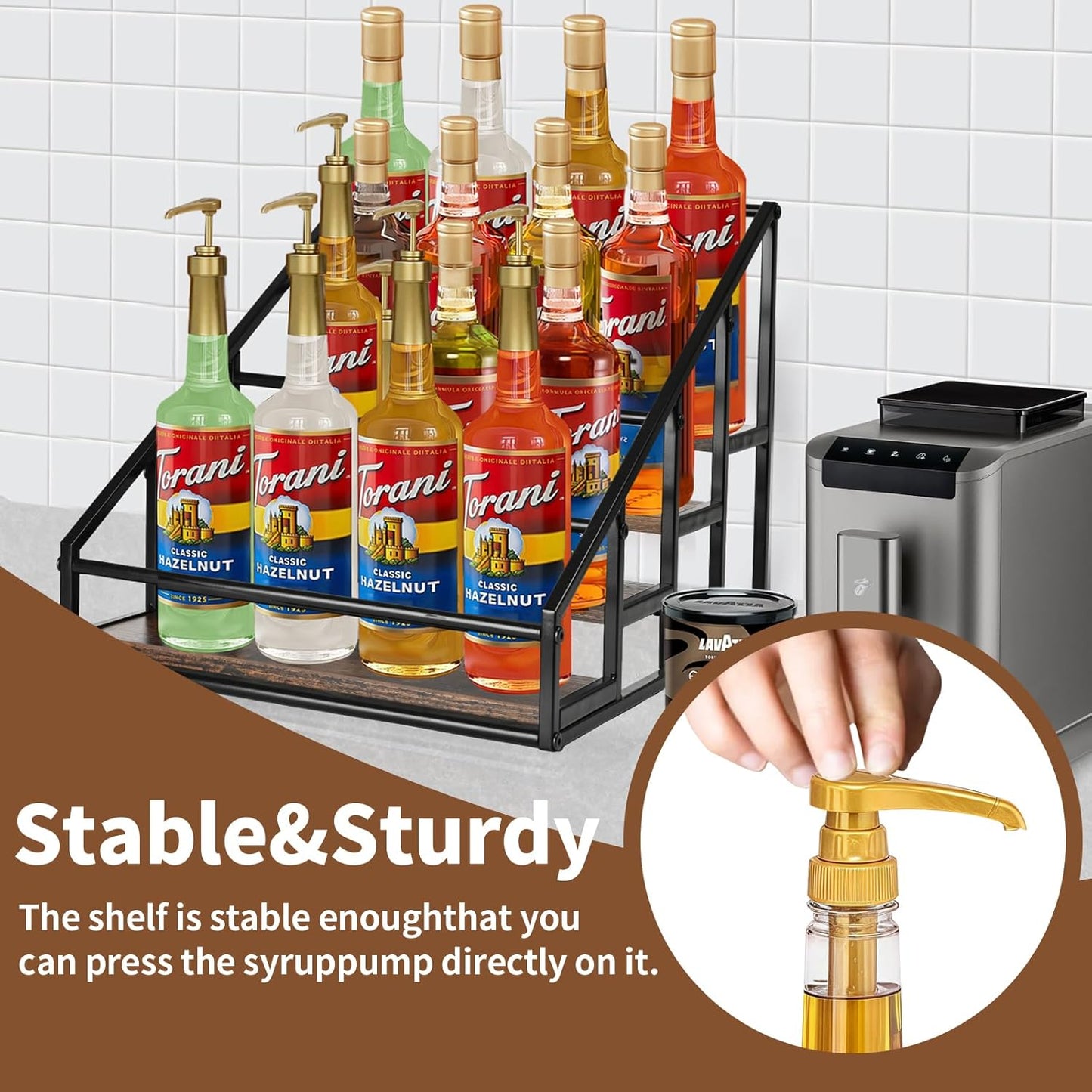 YQBRAO Coffee Syrup Rack Organizer,Liquor Bottle Display Shelf,2-Tier 4 Bottle Stand for Coffee Bar, Kitchen Station, Liquor, Wine, Dressing,Rustic Brown