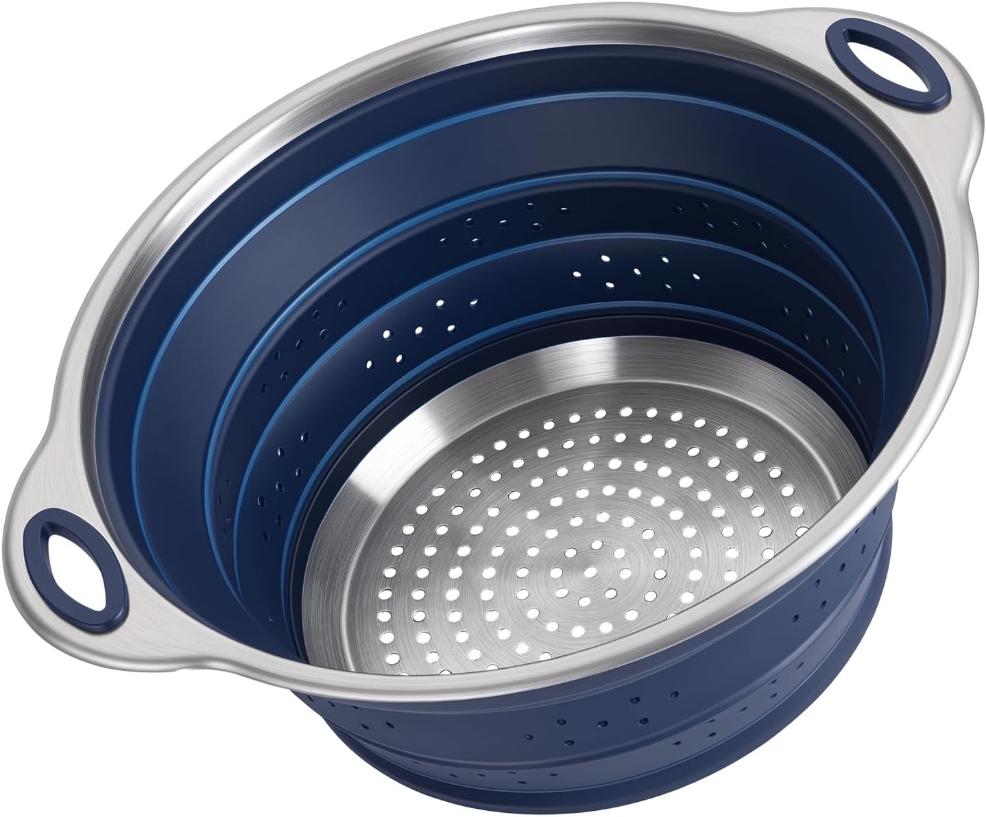 Collapsible Colander Set with Silicone Mat,2-in-1 Stainless Steel Colander for Kitchen, Foldable Metal Colander, Space-Saving for Pasta Veggies Fruit(NAVY BLUE)