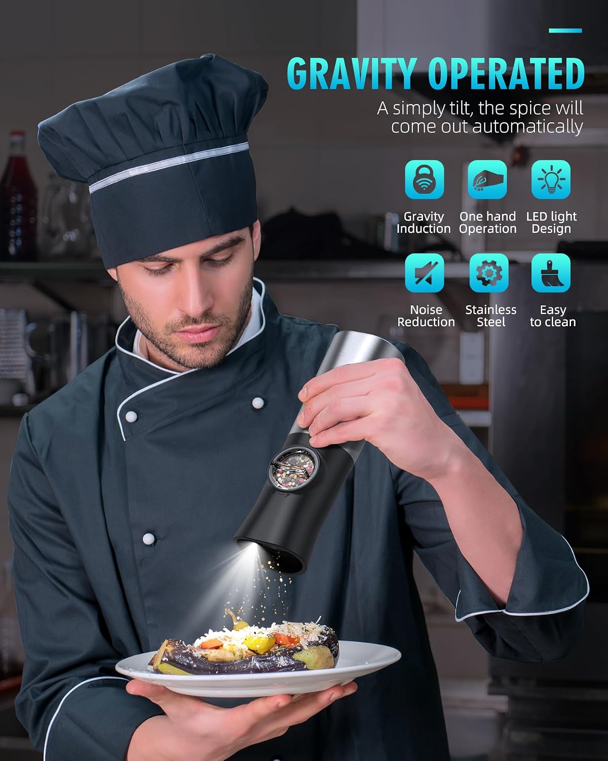 Gravity Electric Salt and Pepper Grinder Set, USB Rechargeable Automatic Salt and Pepper Grinders with Charging Base, Adjustable Coarseness, One-Handed Operation, LED Light, Stainless Steel