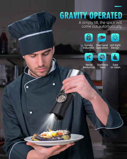 Gravity Electric Salt and Pepper Grinder Set, USB Rechargeable Automatic Salt and Pepper Grinders with Charging Base, Adjustable Coarseness, One-Handed Operation, LED Light, Stainless Steel