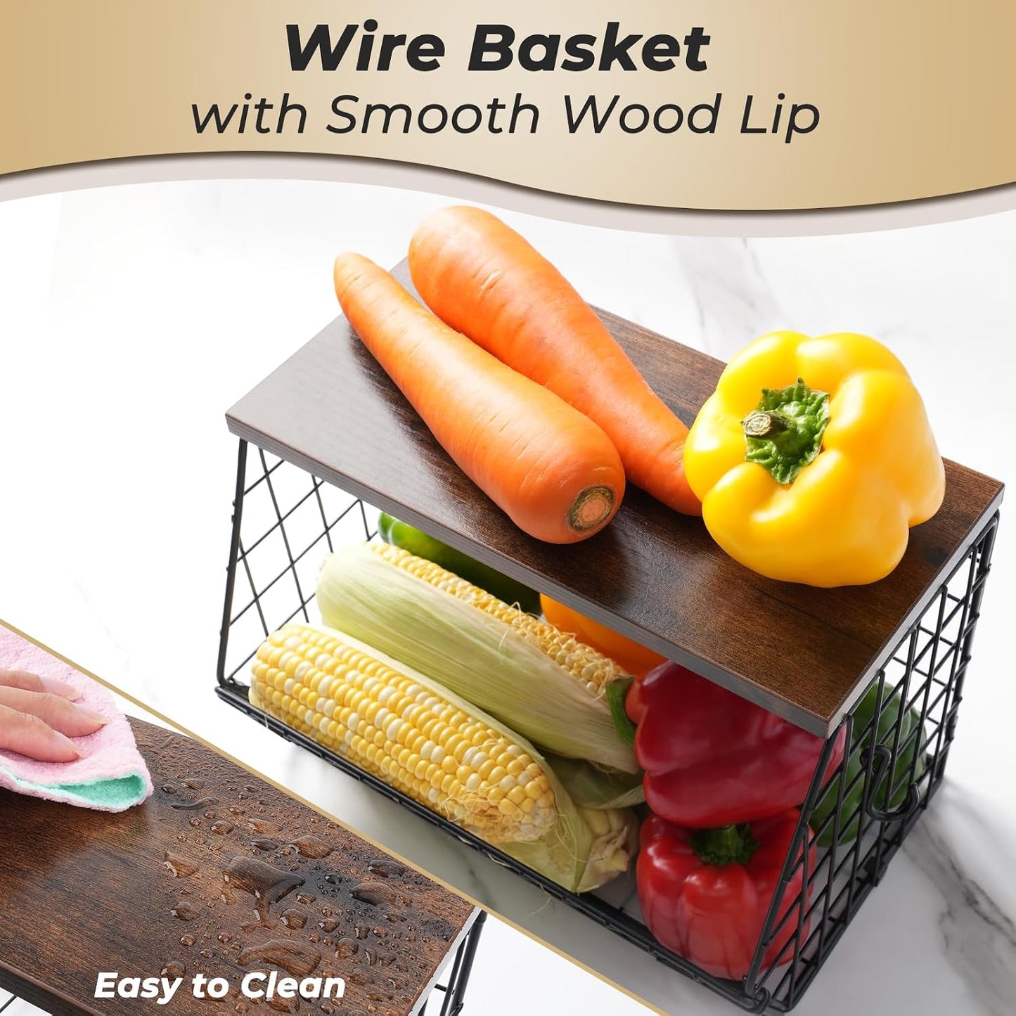 Mefirt Fruit Basket, 2-Tier Fruit Bowl for Kitchen Counter, Stackable Wall Mounted Fruit Storage, Snack Organizer, Potato and Onion Storage Basket, Hanging Pantry Storage with Wood Lid, 2 Set, White