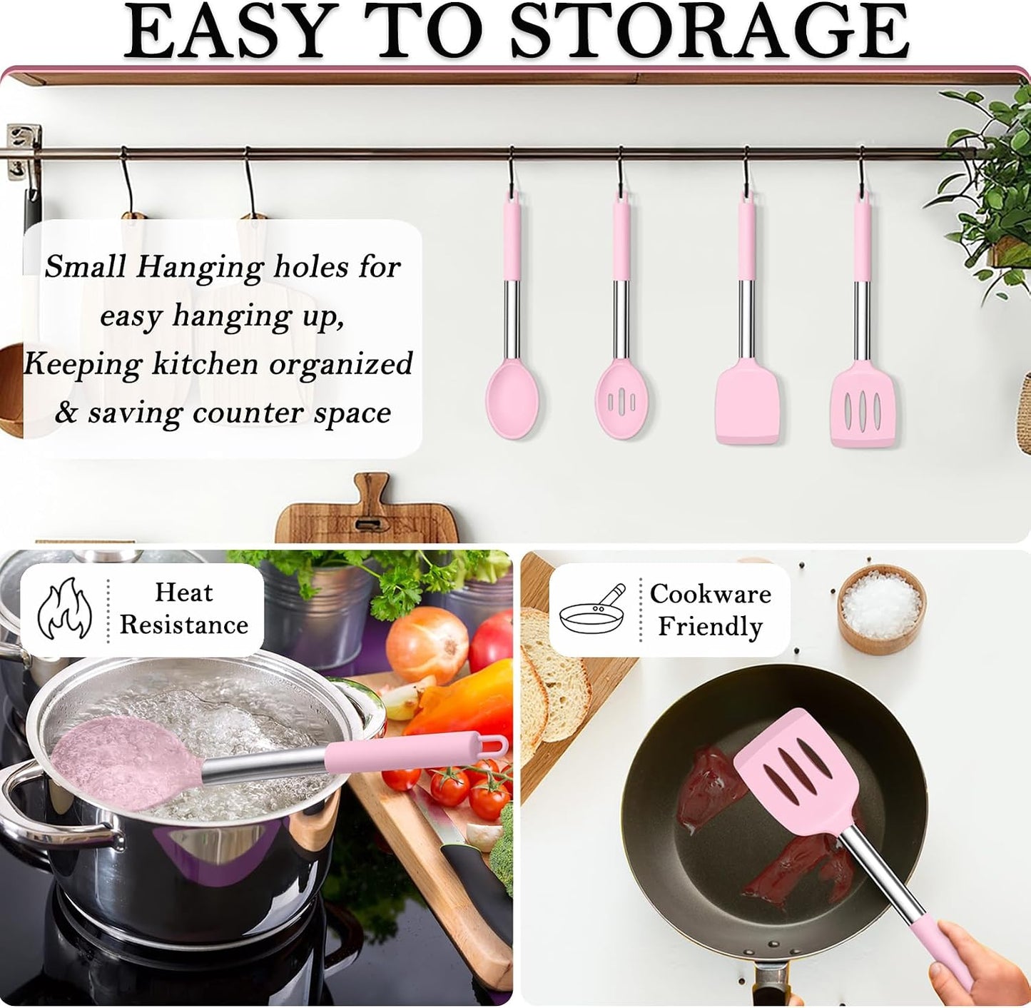 TeamFar Kitchen Utensils, 4 PCS Silicone Cooking Utensils Spatula Spoon Set with Stainless Steel Handle, for Frying Mixing Draining Turning, Healthy & Heat-proof, Non-stick & Dishwasher Safe - Black