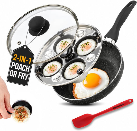 Eggssentials 2 IN 1 Egg Pan & Egg Poacher Pan, Granite Nonstick Fry Pan Poached Egg Maker and Frying Skillet with Lid, Poached Eggs Cooker Food Grade Safe PFOA Free with Spatula, Egg Cookware - 4 Cups