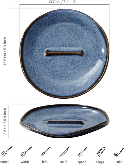 Ceramic Spoon Rest with Egg Cracker, Reactive Glaze Blue