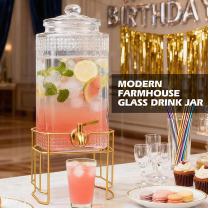Drink Dispenser for Parties with Stand – 2 Gallon Beverage Dispenser with 18/8 Gold Stainless Steel Leak-Proof Spigot and Glass Lid, Ideal for Tea, Juice, Lemonade, and Party Drinks