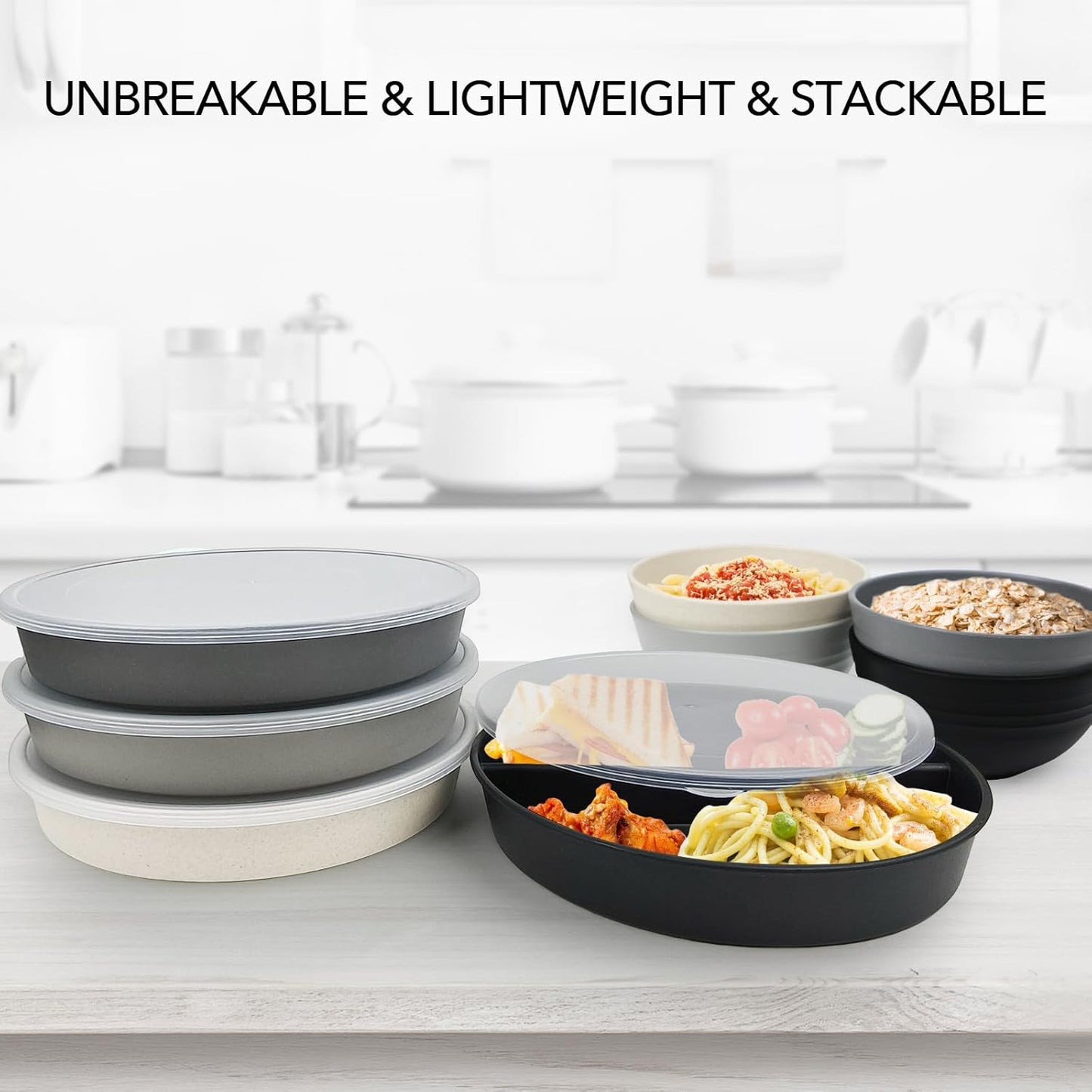 greenandlife 9 Inch 4PCS Portion Control Plates with Lids, Divided Plates for Kids Adults, Dishwasher Microwave Safe Compartment Plate, Unbreakable Lightweight Reusable Wheat Straw Plate, Earth Tone