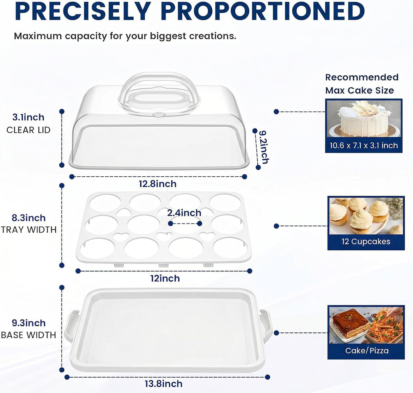 VGOODALL Cake Carrier with Lid and Handle, 12 Capacity Cupcake Carrier, 2-in-1 Rectangular Cupcake Holder for Pies Muffin Pizza Nuts Fruit, Dessert Storage Containers for Parties, Picnics, Baking
