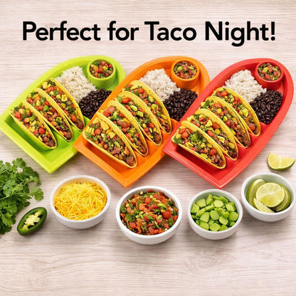 Set of 3 Taco Holder Plates – Plastic Divider Taco Trays with Stand-Up Slots, BPA-Free, Dishwasher & Microwave Safe
