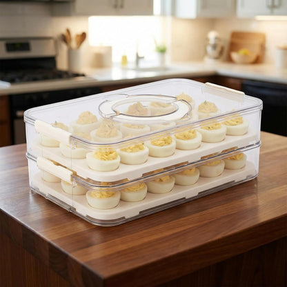 3Tier Deviled Egg Containers with Lid,Plastic Egg Container for Refrigerator with Handle,Deviled Egg Carrier for 72 Eggs,Kitchen,Festival Party, Stackable Egg Holder for Fridge (White)