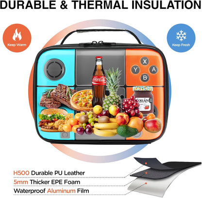 Kids Gamer Lunch Box for Boys, Game Console Insulated Lunch Bag, PU Leather Waterproof Lunchbox with Mesh Pocket, Durable Leakproof Lunch Tote Fits Bento Box for School