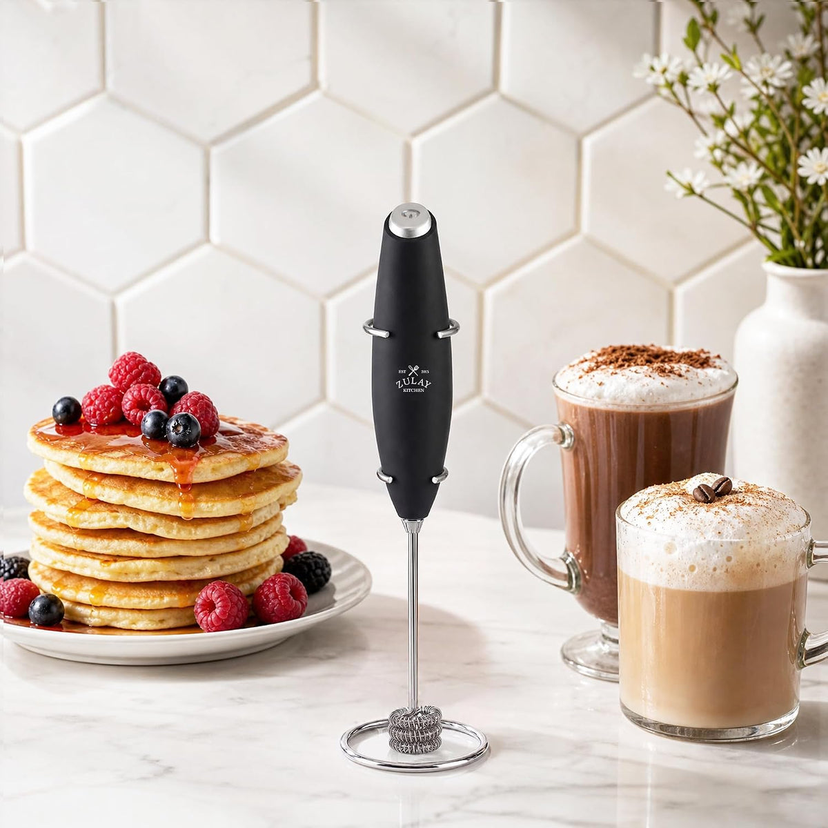 Zulay Kitchen Rechargeable Milk Frother Handheld - Frother Wand, Drink Mixer, Electric Whisk Frother, for Cappuccinos, Matcha & Protein Powder - Dynamic 3 Whisk, 3 Speed 500mAh Black - Colors A
