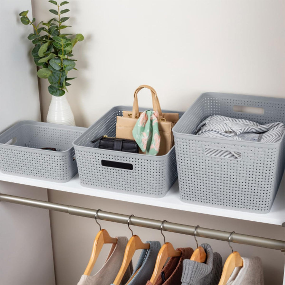 Sterilite 6-Pack Tall Basket, Woven Plastic Storage Baskets for Organization, Cement - Organizing Bin Containers with Handles for Bedroom, Bathroom, Dorm, and Closet