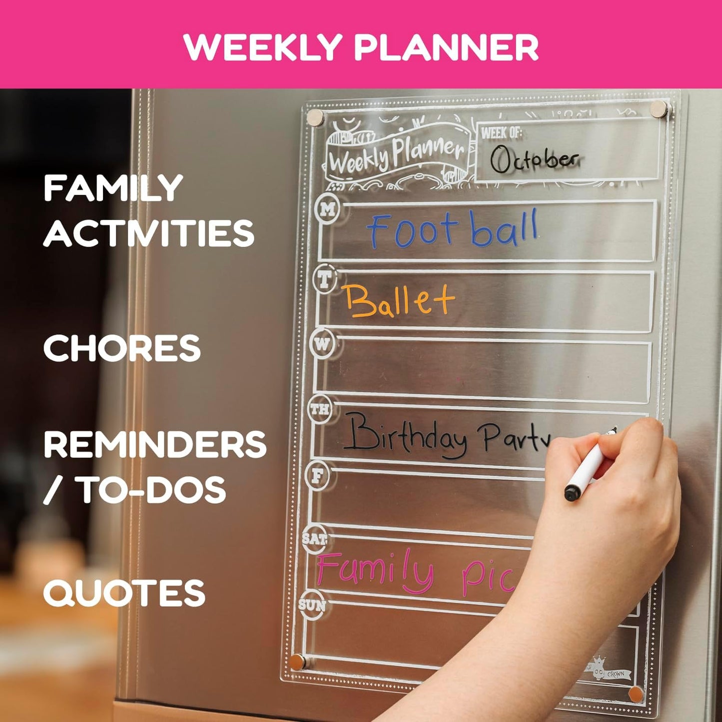 CHALKY CROWN Acrylic Magnetic Weekly Planner for Fridge - Menu Board for Kitchen with 8 Magnetic Markers - Weekly Meal Planner for Fridge with Grocery List & Notepad - Menu Planner (14.5x10.2)