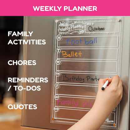 CHALKY CROWN Acrylic Magnetic Weekly Planner for Fridge - Menu Board for Kitchen with 8 Magnetic Markers - Weekly Meal Planner for Fridge with Grocery List & Notepad - Menu Planner (14.5x10.2)