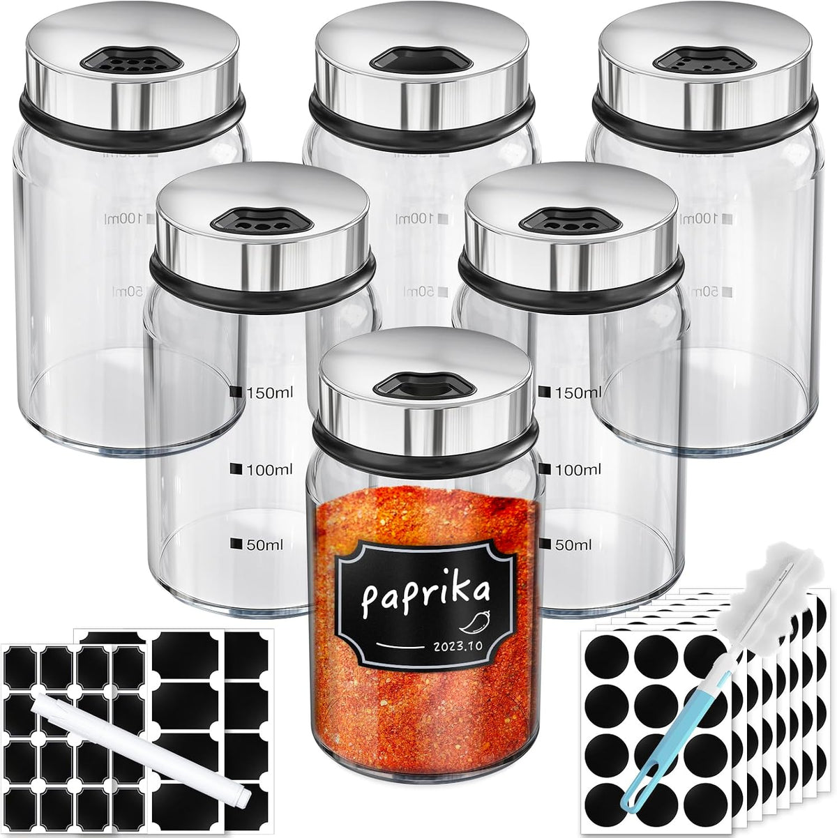 Segarty Spice Jars, 3 oz Spice Bottles with Shaker Lids, Glass Empty Seasoning Containers with Adjustable Pour Holes for Kitchen Spice Storage Stainless Steel Flow Top Salt and Pepper Shakers