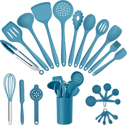 E-far Silicone Cooking Utensils Set, 25 Piece Kitchen Utensils with Holder, Non Toxic Kitchen Tools Spatula, Turner, Spoon, Ladle for Nonstick Cookware, Heat Resistant & Dishwasher Safe - Black