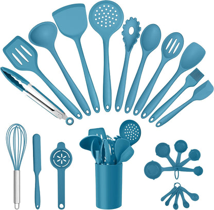 E-far Silicone Cooking Spoon Set of 2, Heat Resistant Kitchen Spoons Utensils Nonstick Mixing Spoon for Baking Stirring Serving, Non-Toxic & Dishwasher Safe (Black)
