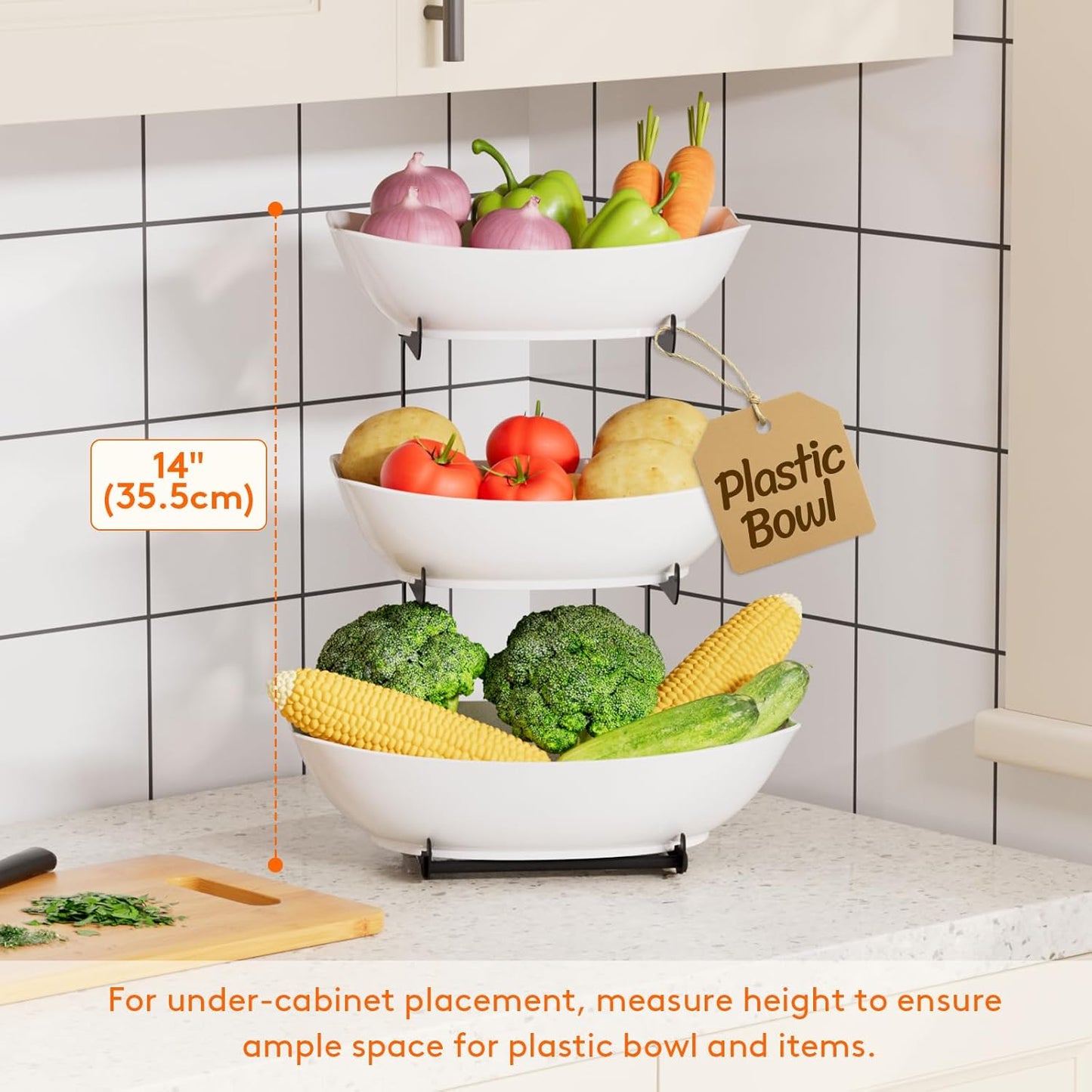 Lifewit Plastic Fruit Bowl for Kitchen Counter, 3 Tier Fruit Basket with Gold Metal Stand, Tiered Fruit Holder for Countertop Serving Tray for Vegetable/Dessert in Party 28 x 21 x 35cm/11 x 8.4 x 14