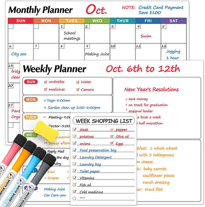 Dry Erase Magnetic Calendar for Refrigerator, 3 Pack- Monthly & Weekly & Daily Planner Magnet Whiteboard for Fridge Wall Door - Shopping, Meal/Menu, to Do List, Family Schedule Planning Board (C)