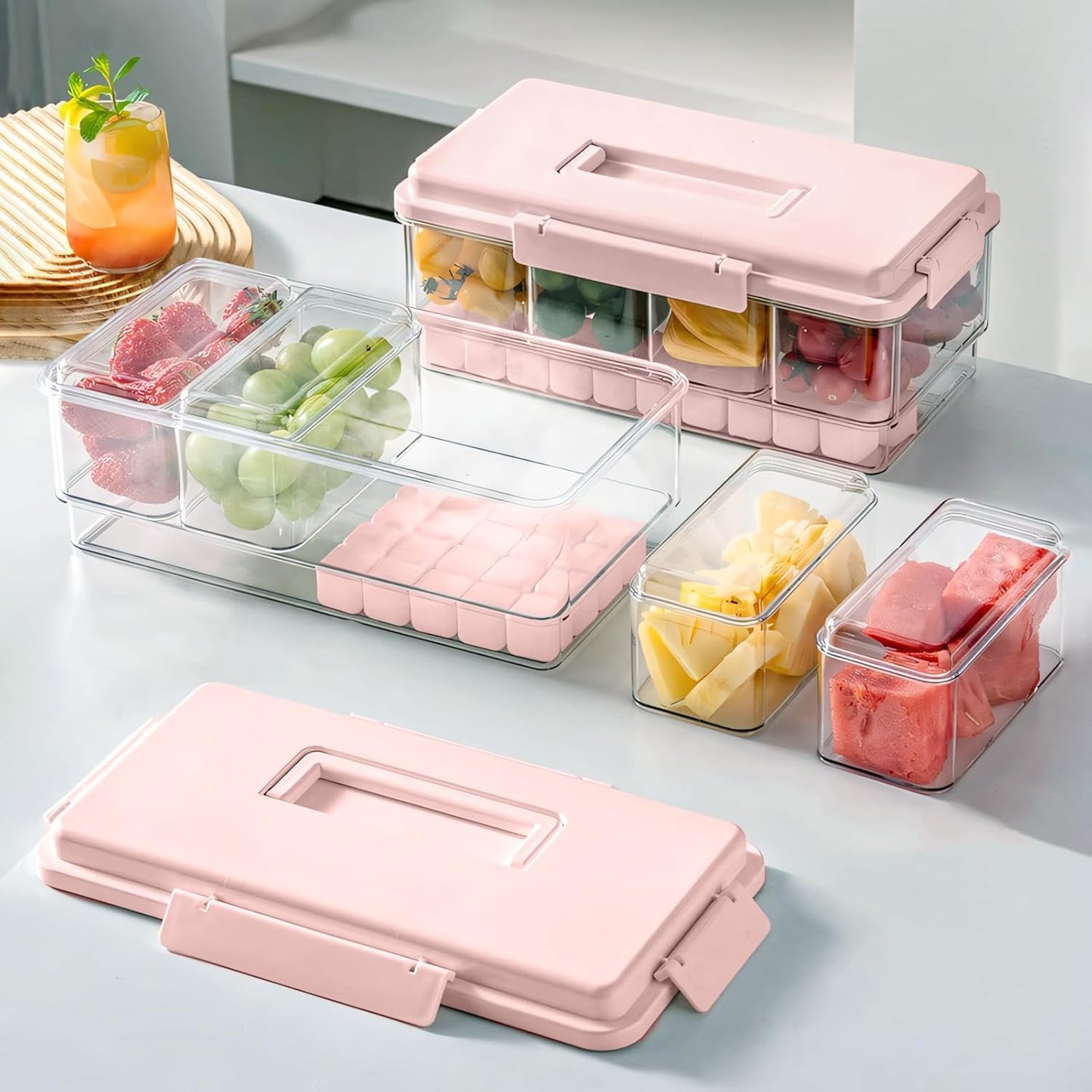 MANO 2pack Chilled Condiment Caddy with Lid Iced Snackle Box Container for Fruit Veggie Serving Tray with Handle Divided Garnish Tray Server Outdoor Camping Picnic Fridge Storage white&beige