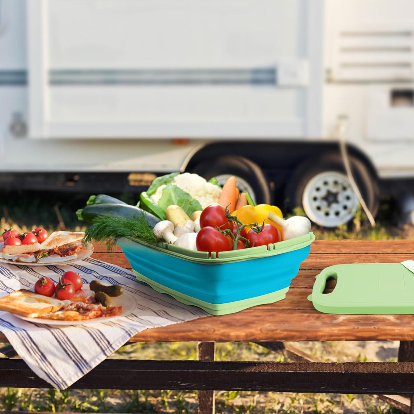 Gintan Collapsible Camping Cutting Board, 9-in-1 Chopping Board with Colander, Kitchen Vegetable Washing Basket for Camping, Camping Gifts Camping Accessories for RV Campers (Blue+Grey)