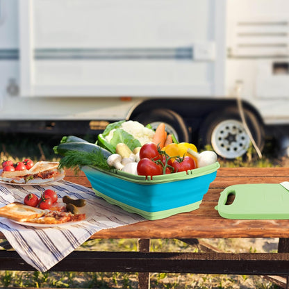Gintan Collapsible Camping Cutting Board, 9-in-1 Chopping Board with Colander, Kitchen Vegetable Washing Basket for Camping, Camping Gifts Camping Accessories for RV Campers (Blue+Grey)