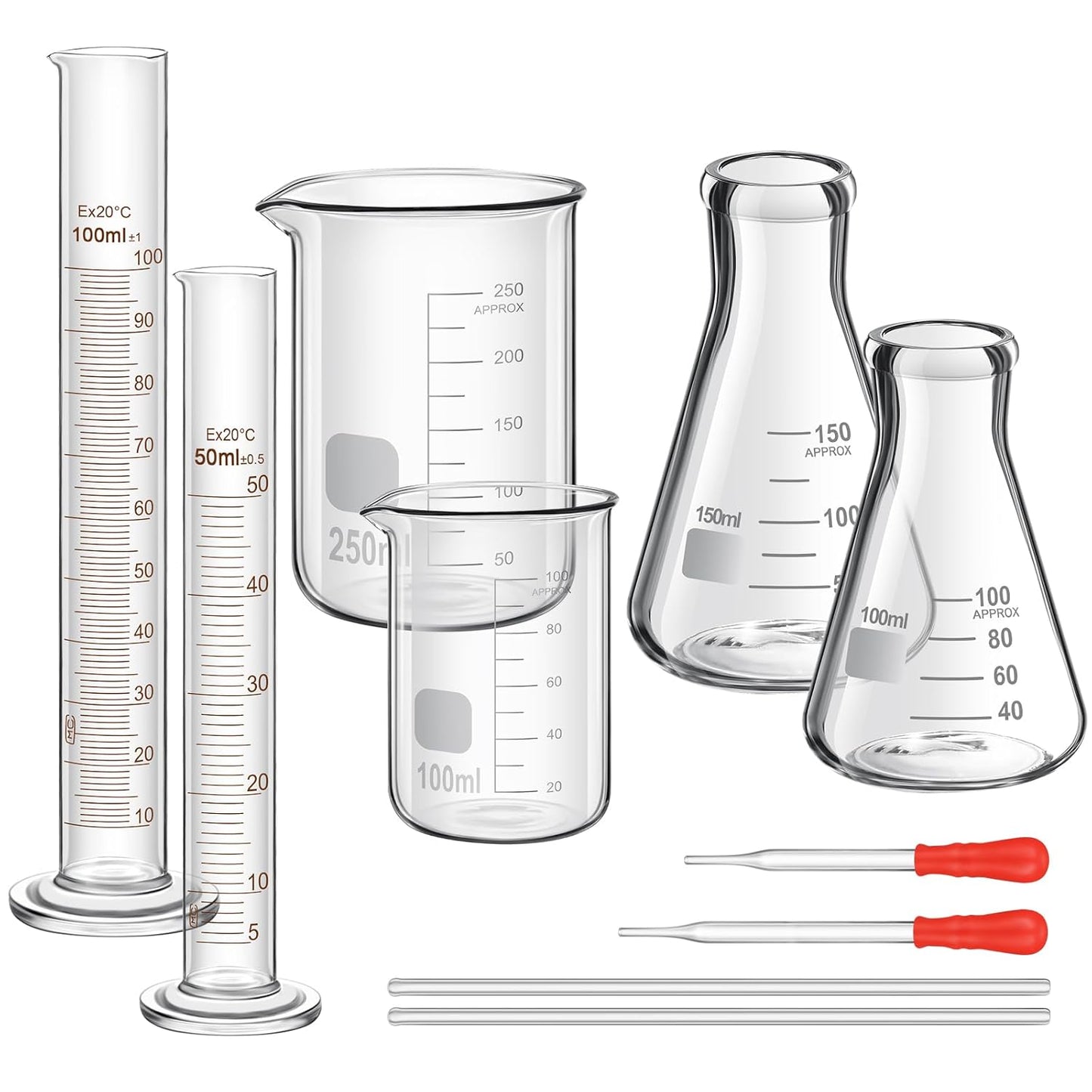 Frienda 50/100/250/500/1000ml Glass Beaker Set, 3.3 Borosilicate Low Form Griffin Lab Glassware Include Graduated Cylinder, Beaker, Dropper, Stirring Rod, Measuring Cups for Lab Chemistry (20 Pcs)