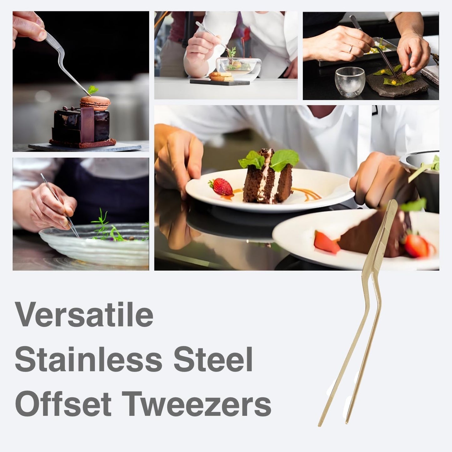 8-Inch Offset Tweezers - Professional Stainless Steel Culinary & Plating Tweezers for Chefs, Precision Cooking, Garnishing, Food Tweezer Tongs (Silver)