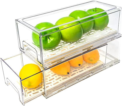 Mano 2Pack Clear Fridge Drawers Pull Out Stackable Refrigerator Drawer Organizer Bins Pantry Storage Box Plastic Food Containers for Kitchen Bathroom Office Closet (2pack-Large)