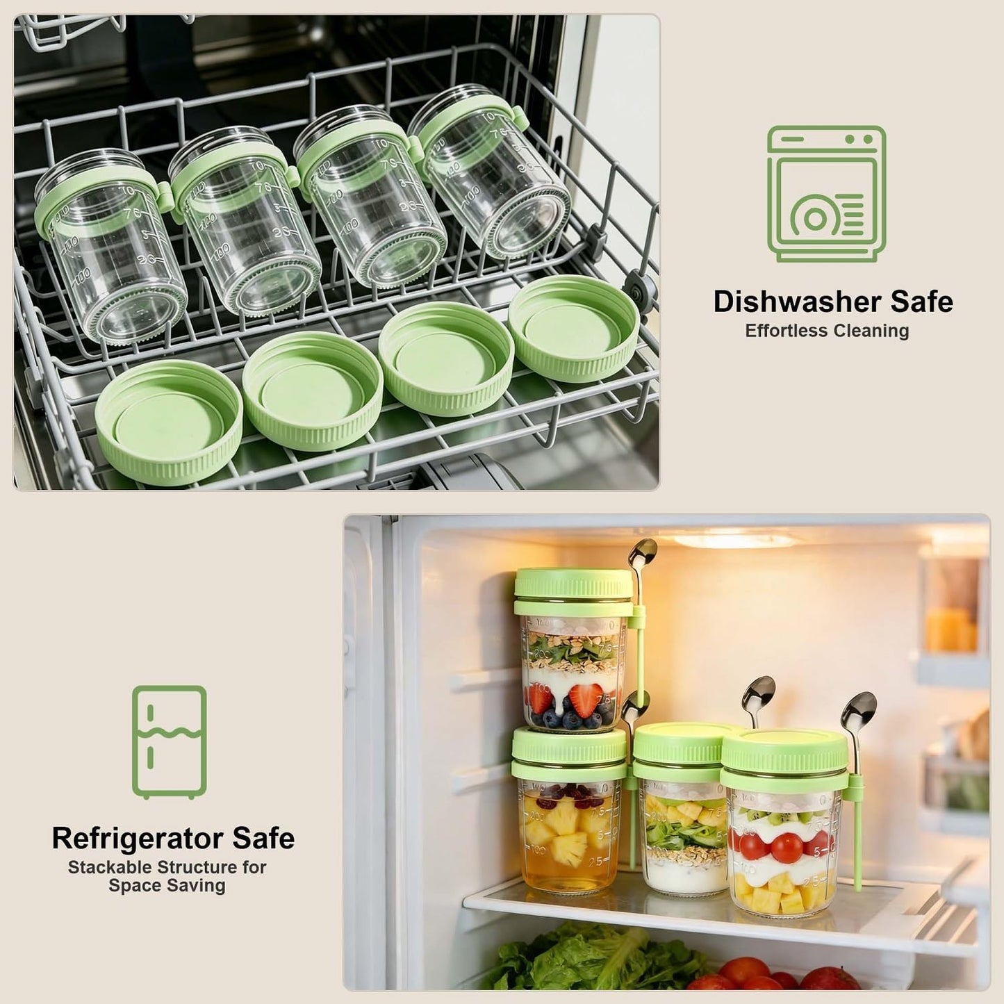 Overnight Oats Containers with Lids and Spoons - 4 Pack 16 oz Glass Mason Jars with Separate Compartments Airtight Overnight Oat Jars Leakproof Yogurt Parfait Cup for Oatmeal Chia Pudding Cereal Salad