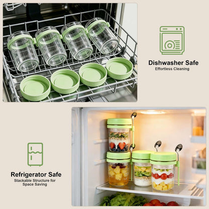 Overnight Oats Containers with Lids and Spoons - 4 Pack 16 oz Glass Mason Jars with Separate Compartments Airtight Overnight Oat Jars Leakproof Yogurt Parfait Cup for Oatmeal Chia Pudding Cereal Salad