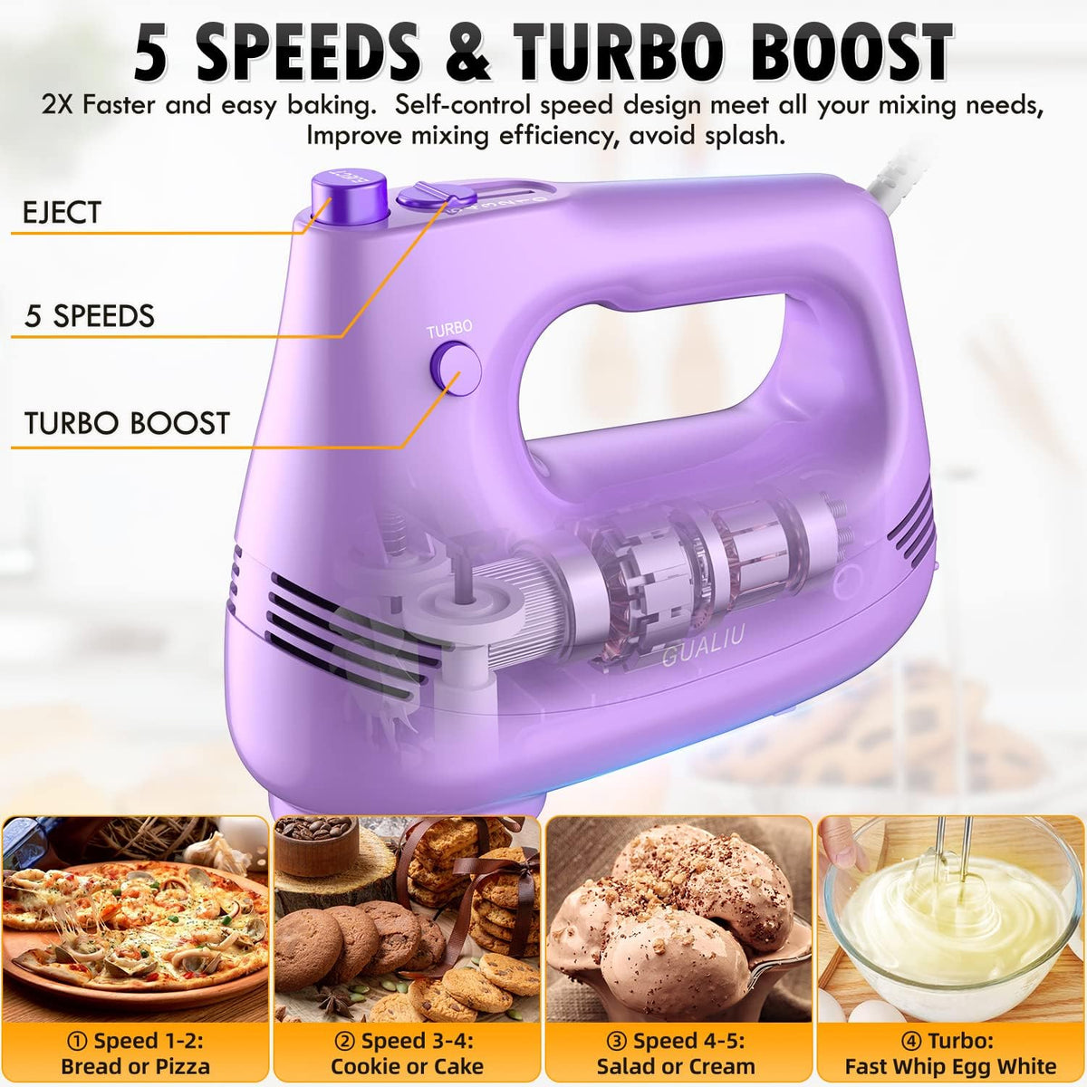 GUALIU Electric Hand Mixer, 304*(2* Beaters, 2* Dough Hooks), (1* Storage Bag) Handheld Mixer for Baking Cakes, Eggs, Cream Food Mixers, Turbo Boost /5 Speed Kitchen Blender PINK