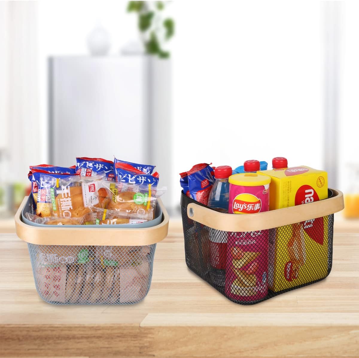 Mesh Steel Storage Organizer Basket Fruit Basket Bin with Wood Handle Ideal for Kitchen Bathroom Picnic Baskets Pantry Cabinets Storage Home Decor (White)