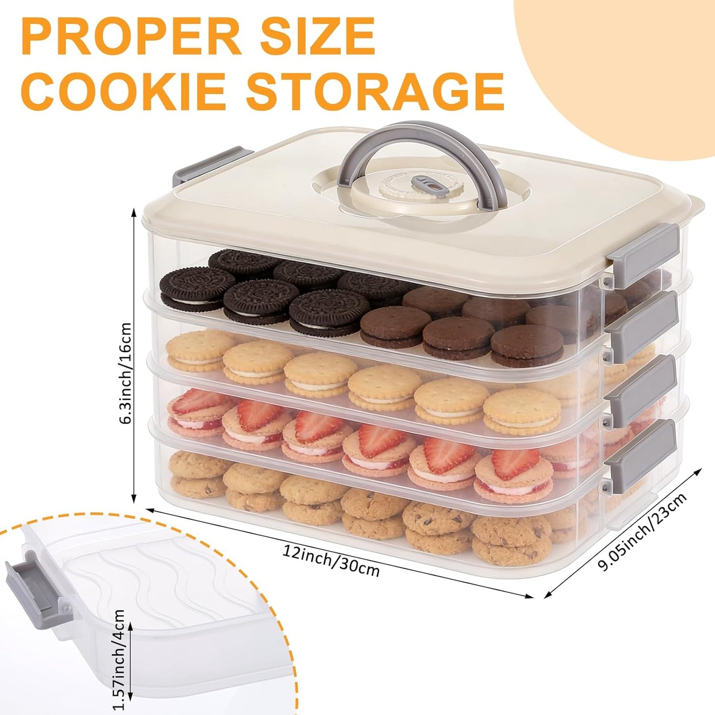 4-Tier Cookie Container with Airtight Lid and Handle Stackable Food Storage Container Dumpling Storage Box Portable Cookie Carrier for Cupcakes Desserts Wonton and Snacks