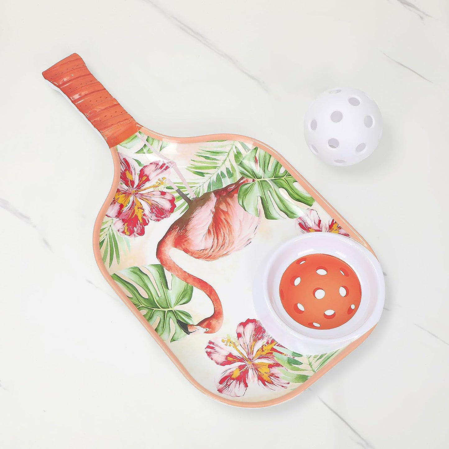 UPware Flamingo Melamine Chip and Dip Snack Tray, Tropical Floral Pickleball Paddle Shape Platter for Chips, Salsa, Fruits, and Appetizers, 15.75 x 8 Inch