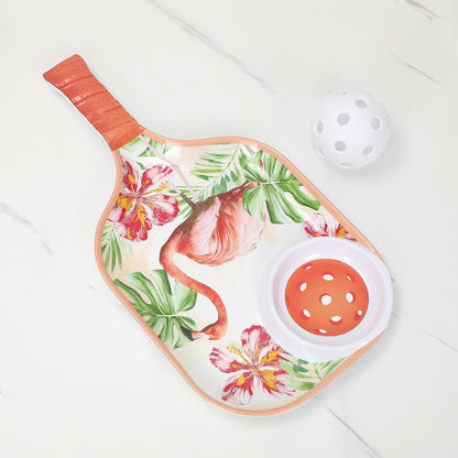 UPware Flamingo Melamine Chip and Dip Snack Tray, Tropical Floral Pickleball Paddle Shape Platter for Chips, Salsa, Fruits, and Appetizers, 15.75 x 8 Inch