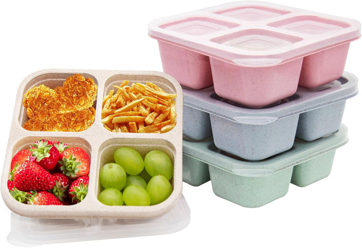 4 pack Bento Lunch Box, Snack Containers，Meal Prep Containers Kids/Toddle/Adults,Food Storage Containers for School, Work and Travel (4 and 3 Compartment Multicolor)