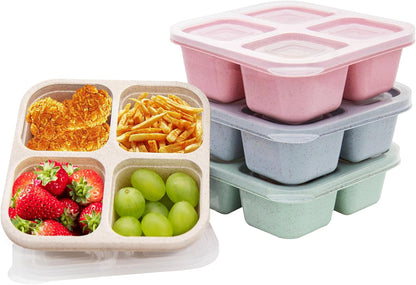 4 pack Bento Lunch Box, Snack Containers，Meal Prep Containers Kids/Toddle/Adults,Food Storage Containers for School, Work and Travel (4 and 3 Compartment Multicolor)