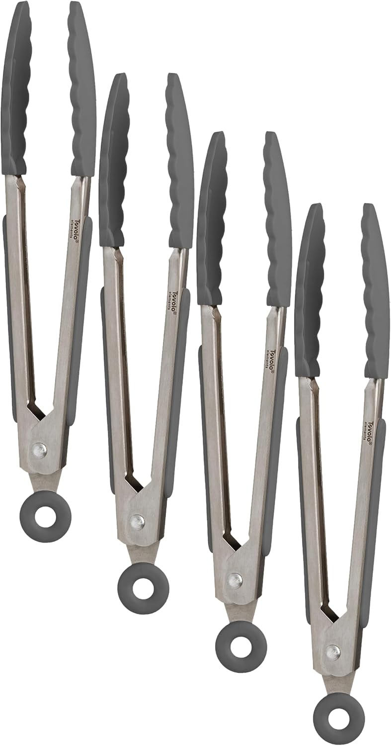 Tovolo Stainless Steel Tongs with Silicone Tips Set of 3 Mini 7” 9” 12 Inch with Easy Lock Mechanism for Cooking Grilling Air Fryer Serving, Red Black Charcoal Gray Heat Resistant Kitchen Tongs