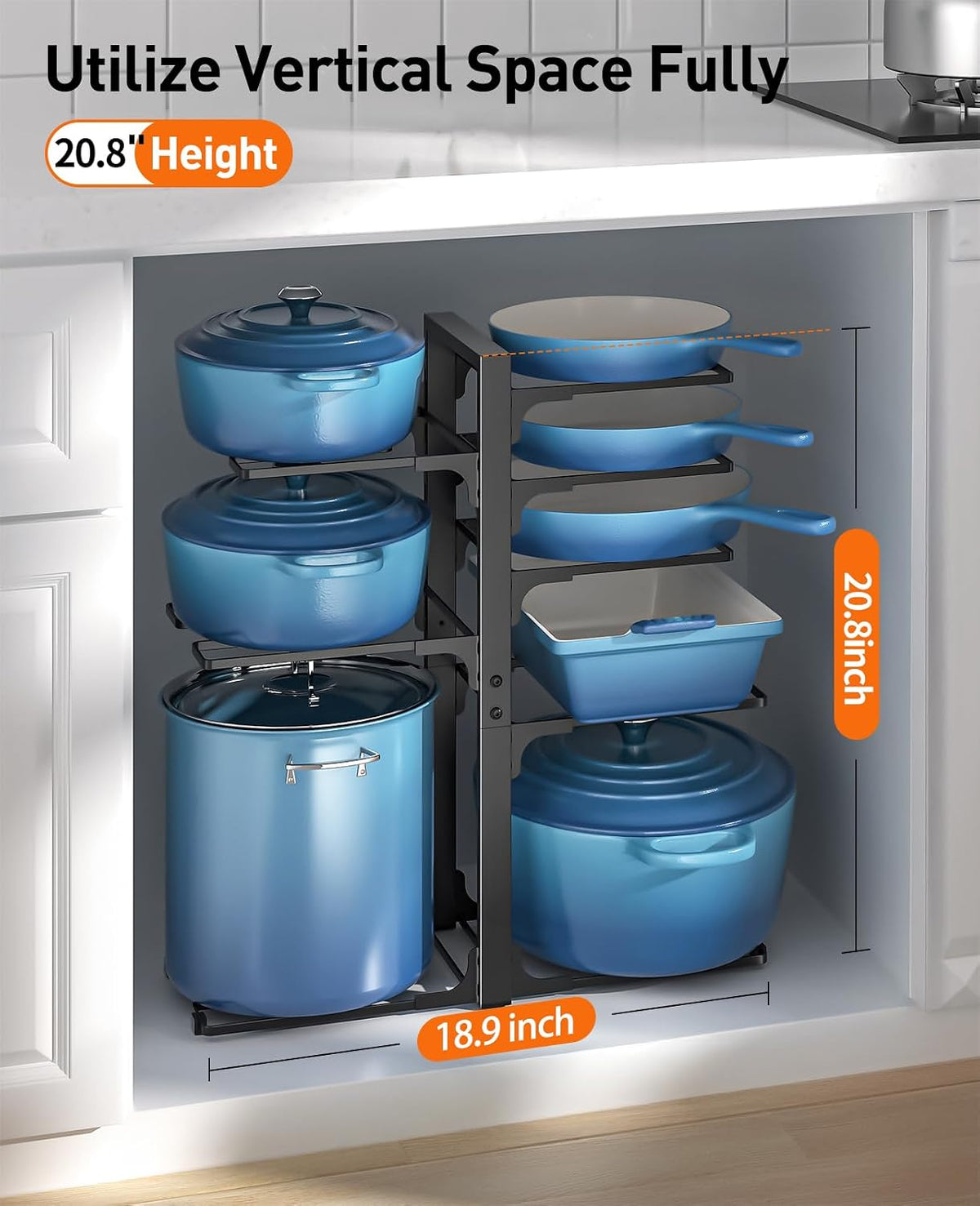 ORDORA Pots and Pans Organizer Under Cabinet 16.6", 8-Tier Adjustable Rack