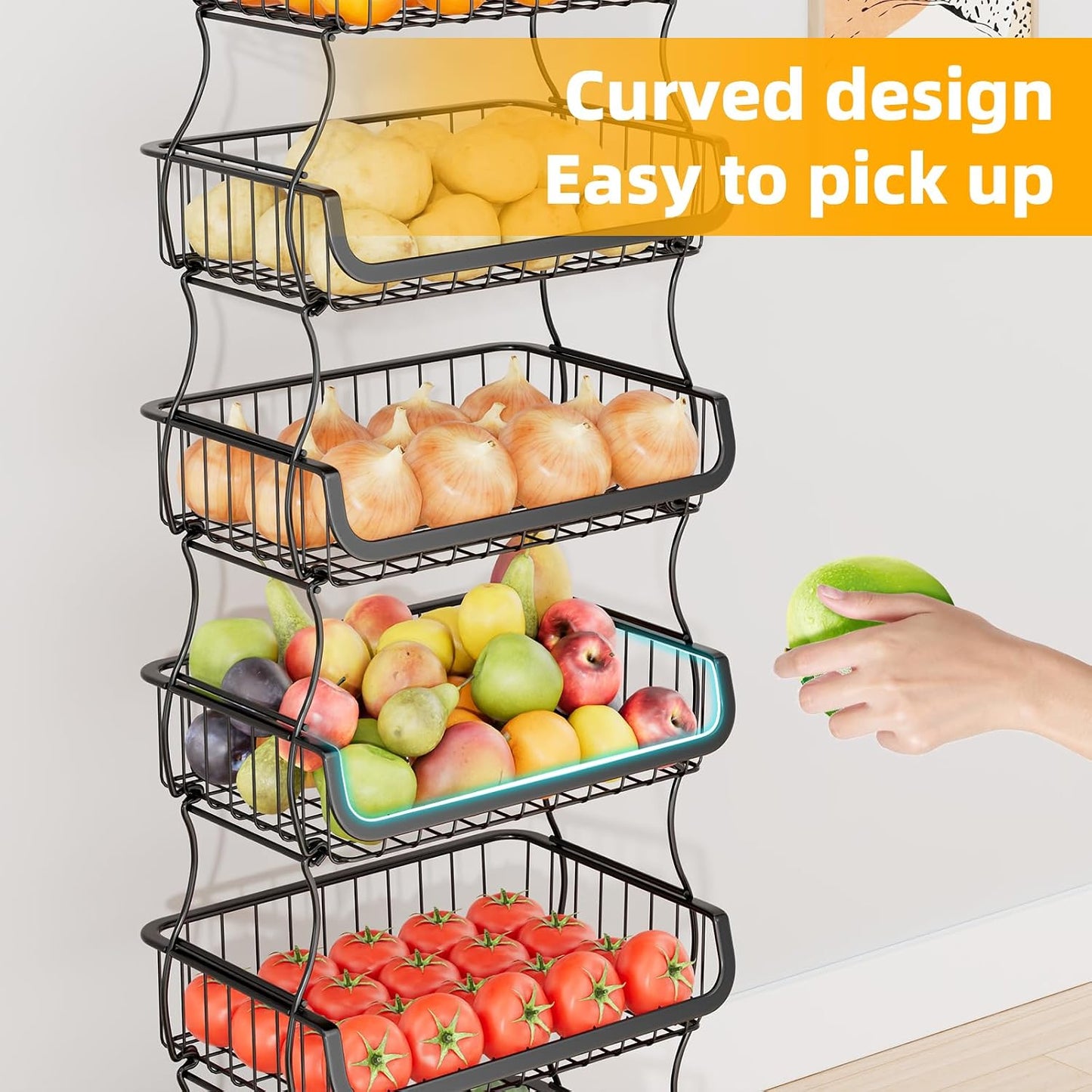 Simple Trending 4 Tier Rolling Cart, Stackable Fruit Vegetable Basket with Wheels and 2 Hanging Basket, Kitchen Storage Metal Wire Basket Stand for Vegetable Snacks, Black