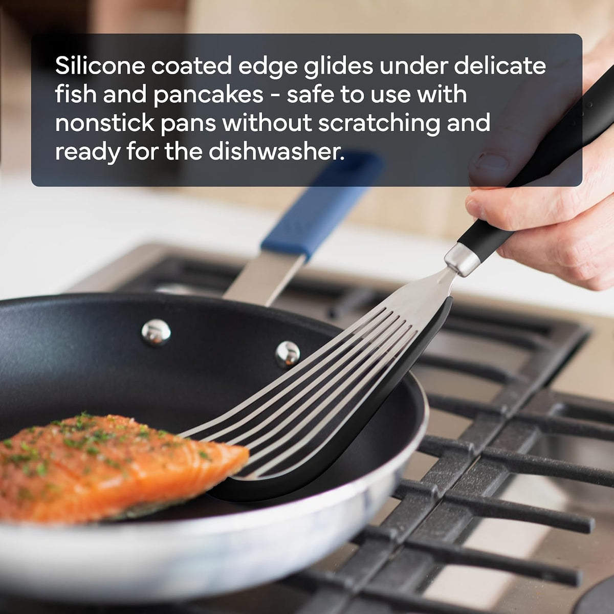 Misen Fish Stainless Steel Spatula - Slotted Turner for Cooking - Perfect for Frying - Heat Resistant - Dishwasher Safe -1mm Thick Flexible Flipper - Soft Silicone Grip Handle for Easy Use