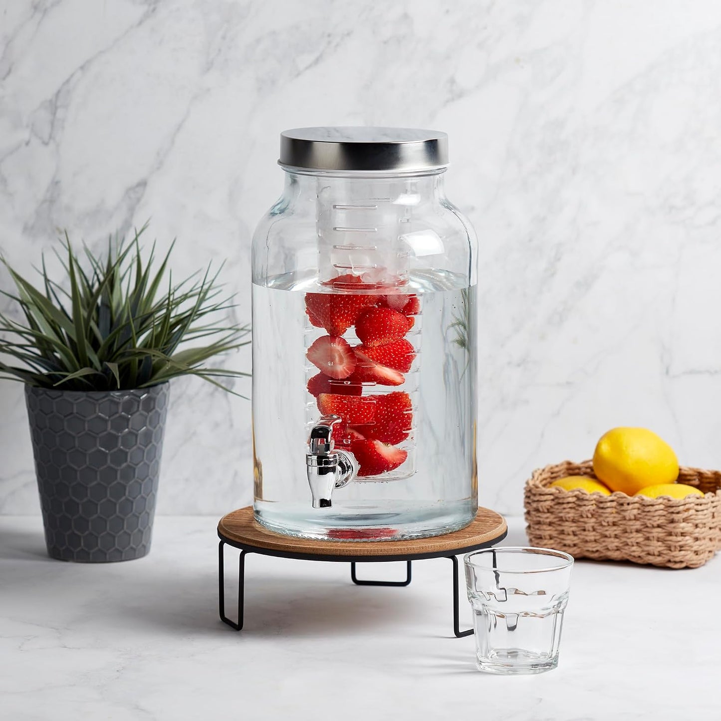Mason Craft & More 3 Gallon Glass Beverage Drink Dispenser with Leakproof Spigot and Metal Stand