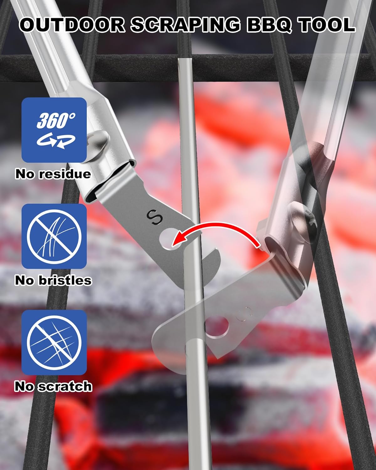 Premium Grill Cleaning Tool - 19.5 Inch Grill Grate Scraper for Outdoor Grills with Round Grates - Outdoor Scraping BBQ Tool Bristle Free, Safe and Cleaning the Top and Bottom of Grates