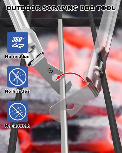 Premium Grill Cleaning Tool - 19.5 Inch Grill Grate Scraper for Outdoor Grills with Round Grates - Outdoor Scraping BBQ Tool Bristle Free, Safe and Cleaning the Top and Bottom of Grates