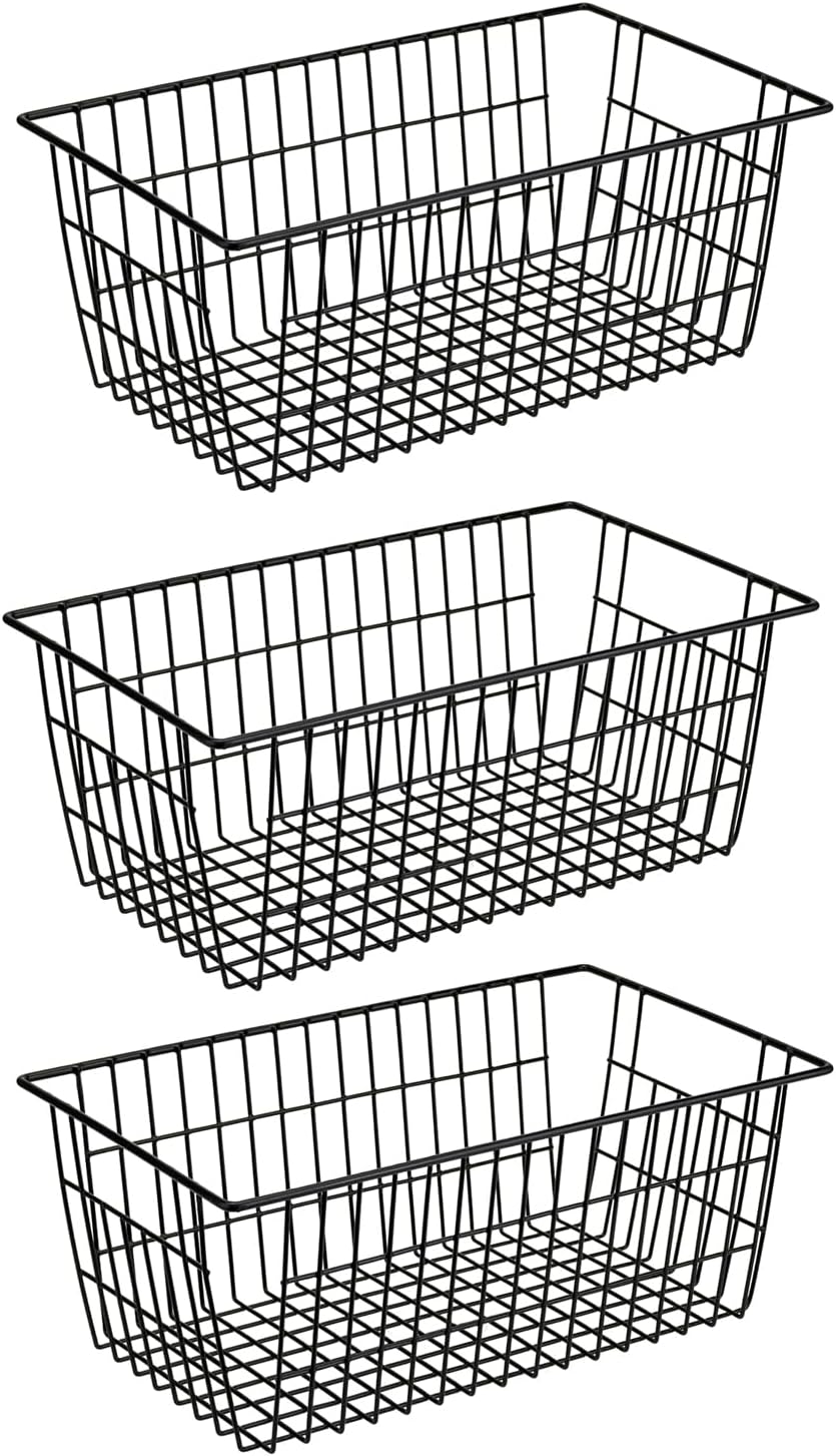 SANNO Freezer Baskets for Storage Pantry Large Metal Wire Food Storage Organizer Bin Basket with Handles - for Kitchen Cabinets, Pantry, Bathroom, Laundry Room, Closets, Garage - Chrome，2 pack
