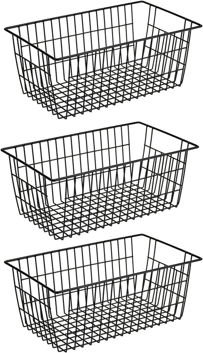 SANNO Freezer Baskets for Storage Pantry Large Metal Wire Food Storage Organizer Bin Basket with Handles - for Kitchen Cabinets, Pantry, Bathroom, Laundry Room, Closets, Garage - Chrome，2 pack