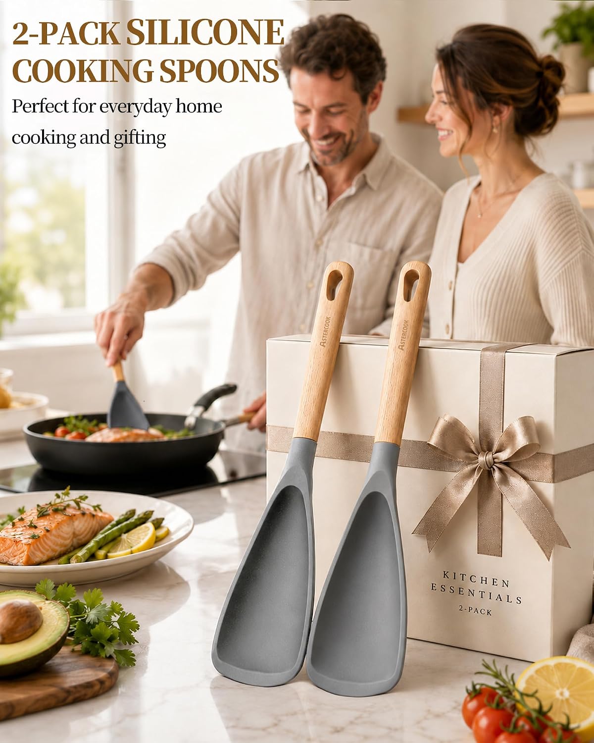 Astercook Cooking Spoon, 2 Pack, Nonstick Safe Silicone Spoonula Spatula