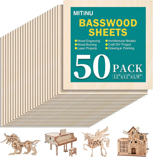 Basswood Sheets for Crafts,12"x12"x1/8" 3mm Thick Plywood Sheets with Smooth Surfaces-Unfinished Squares Wood Boards for Laser Cutting, Wood Burning, Architectural Models, Staining